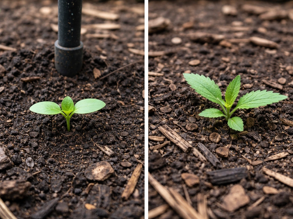 Close-up side-by-side seedlings under a bird feeder: one a volunteer plant, one weed-like.