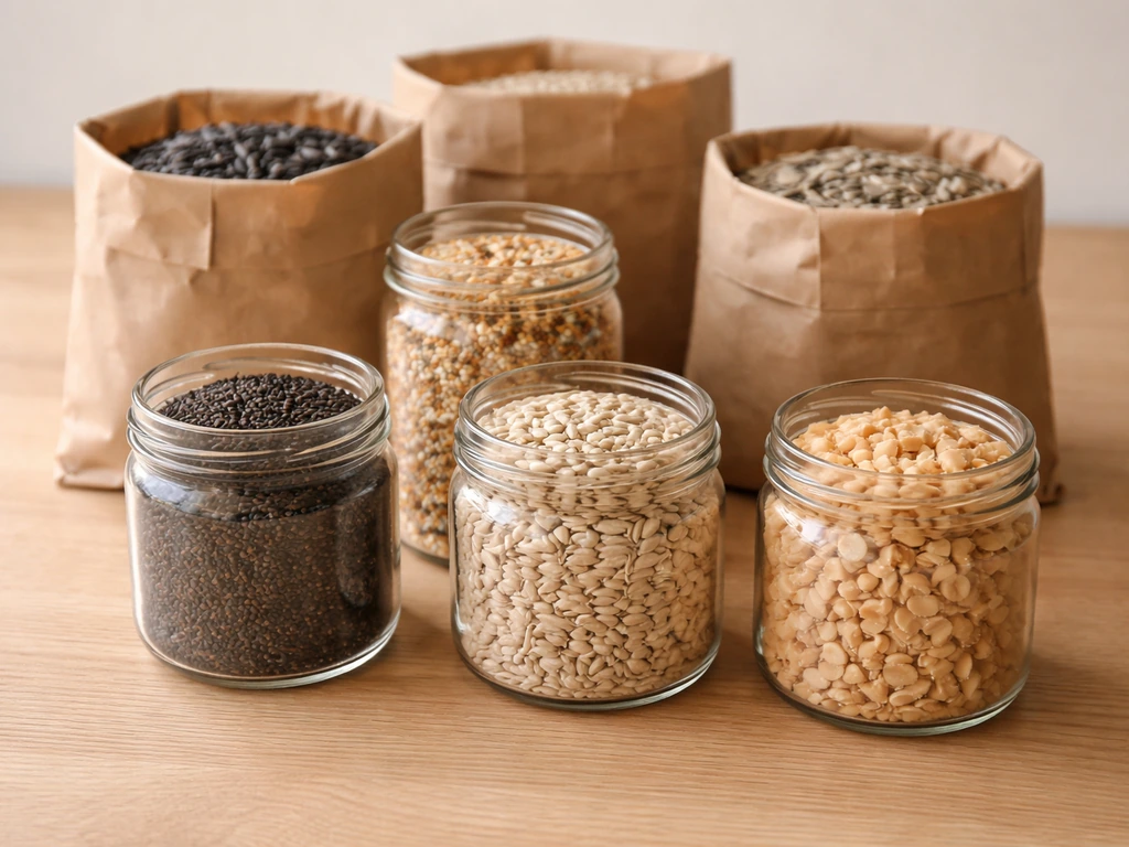 Small glass jars of Nyjer, hulled sunflower, and shelled peanuts stacked on a simple tabletop