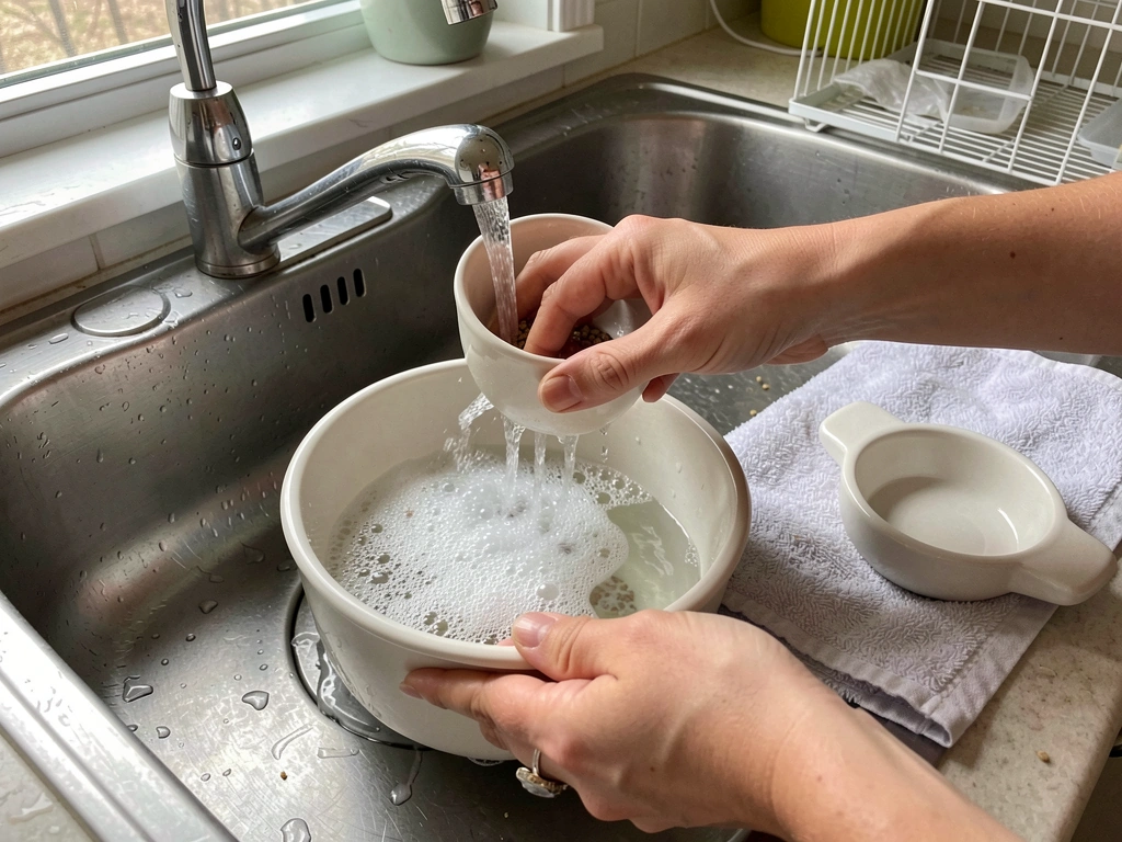 Owner washing and drying bird food bowls to prevent bacteria and mold