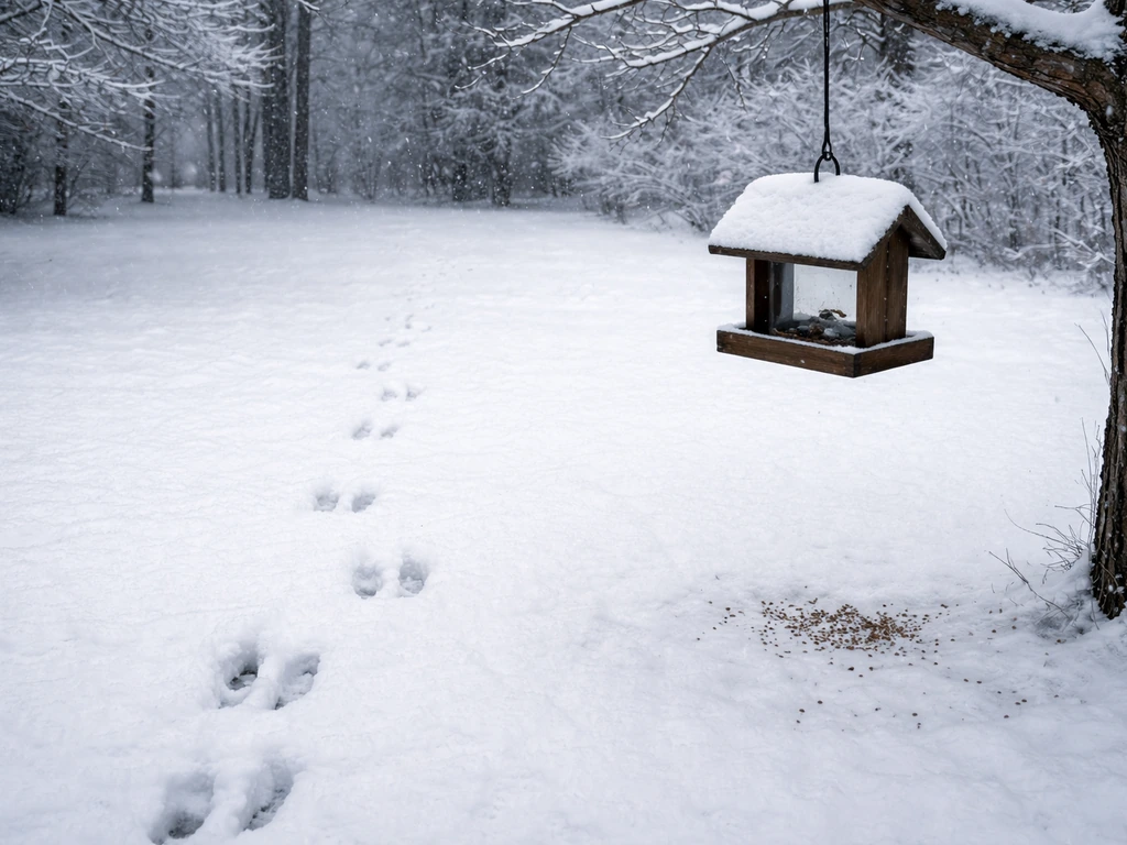 Snowy backyard bird feeder with deer tracks leading toward it, suggesting deer may investigate bird seed.