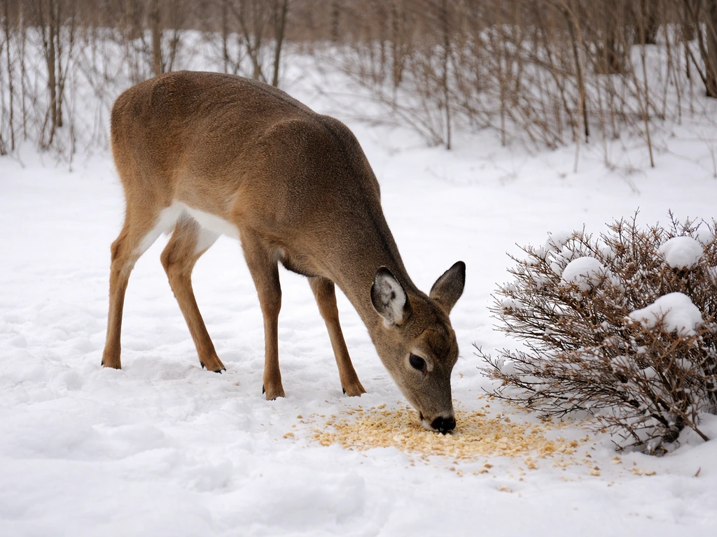 White-tailed deer browsing cracked corn near a winter shrub with light snow on the ground.