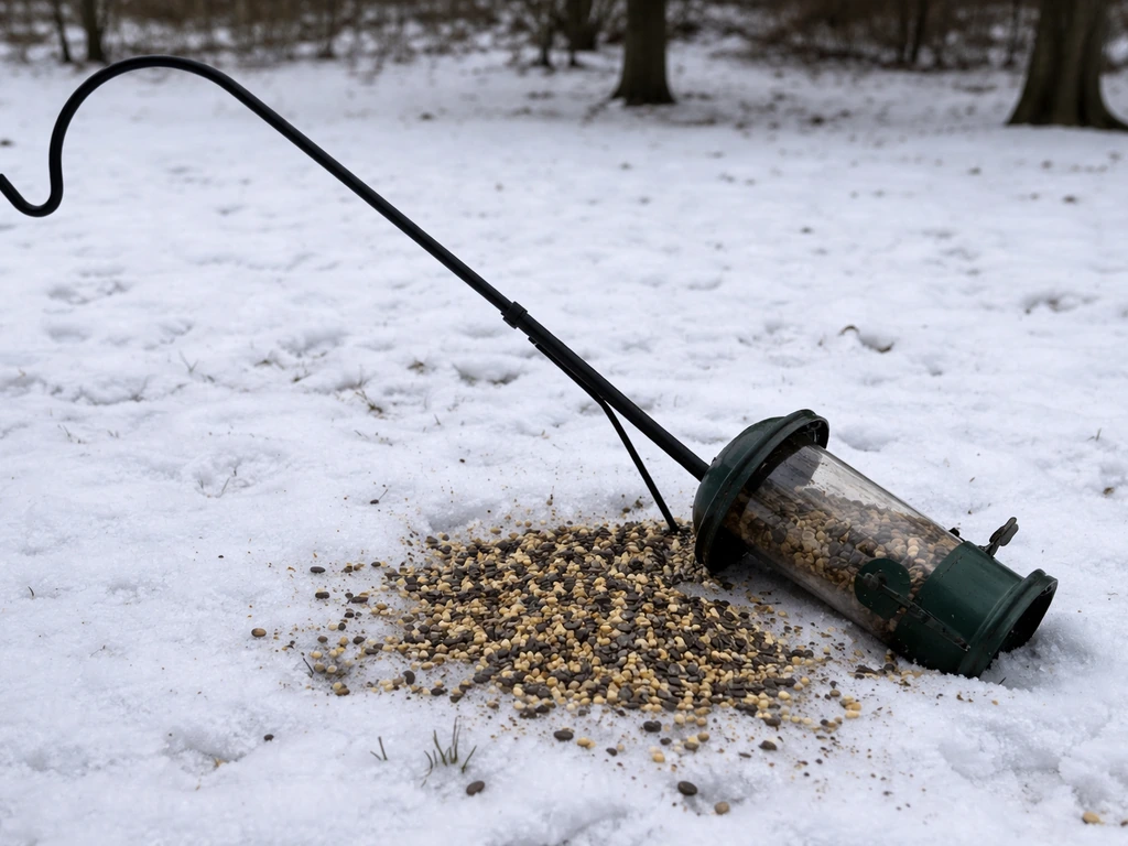 Pole-mounted bird feeder pushed over in snow with broken arm and spilled seed after deer visit.