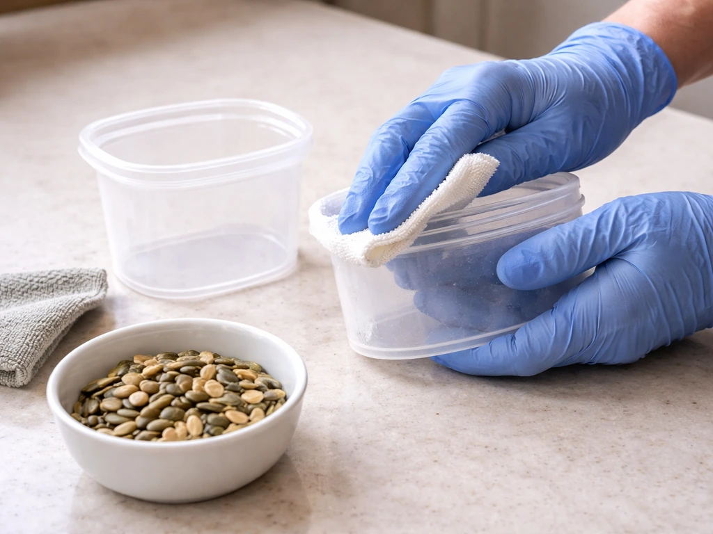 Gloved hands wiping a clean seed storage bin while checking seeds for musty, moldy appearance