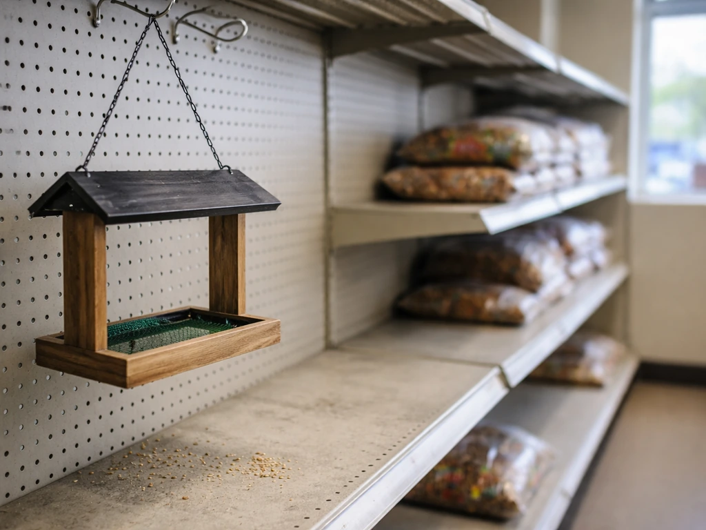 Empty bird feeder and mostly bare bird seed shelf in a store aisle showing a shortage.