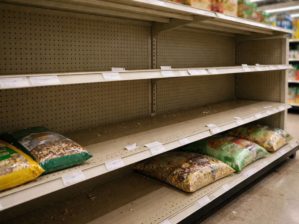 Close-up of mostly empty bird seed shelves with scattered price tags and a few remaining bags.