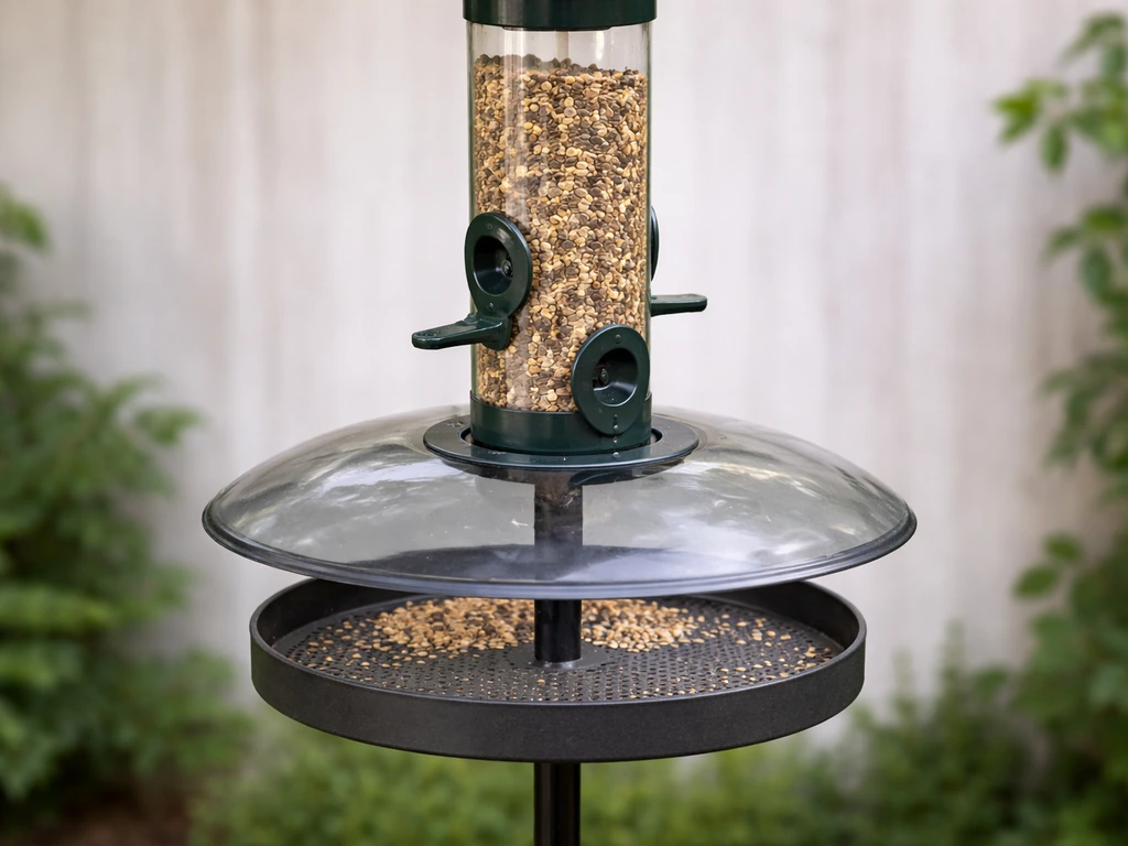 Covered bird tube feeder with dry seed and a covered tray catching fallen crumbs outdoors