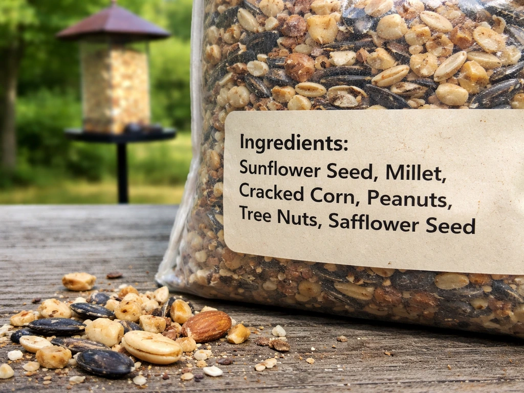 Close-up of bird seed ingredient label with visible nut terms, next to a feeder loaded with mixed seeds.