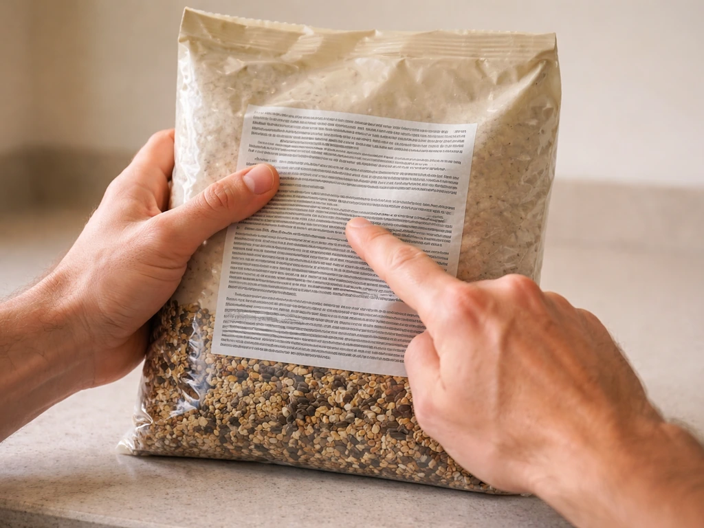 Hands holding a bird seed bag while pointing to the back ingredient list label area