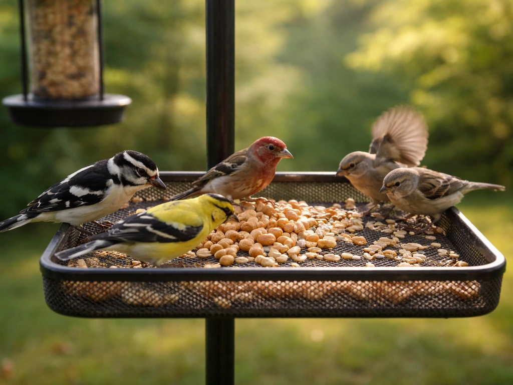 Wild birds pecking peanuts at a backyard feeder with other seeds visible around the tray.