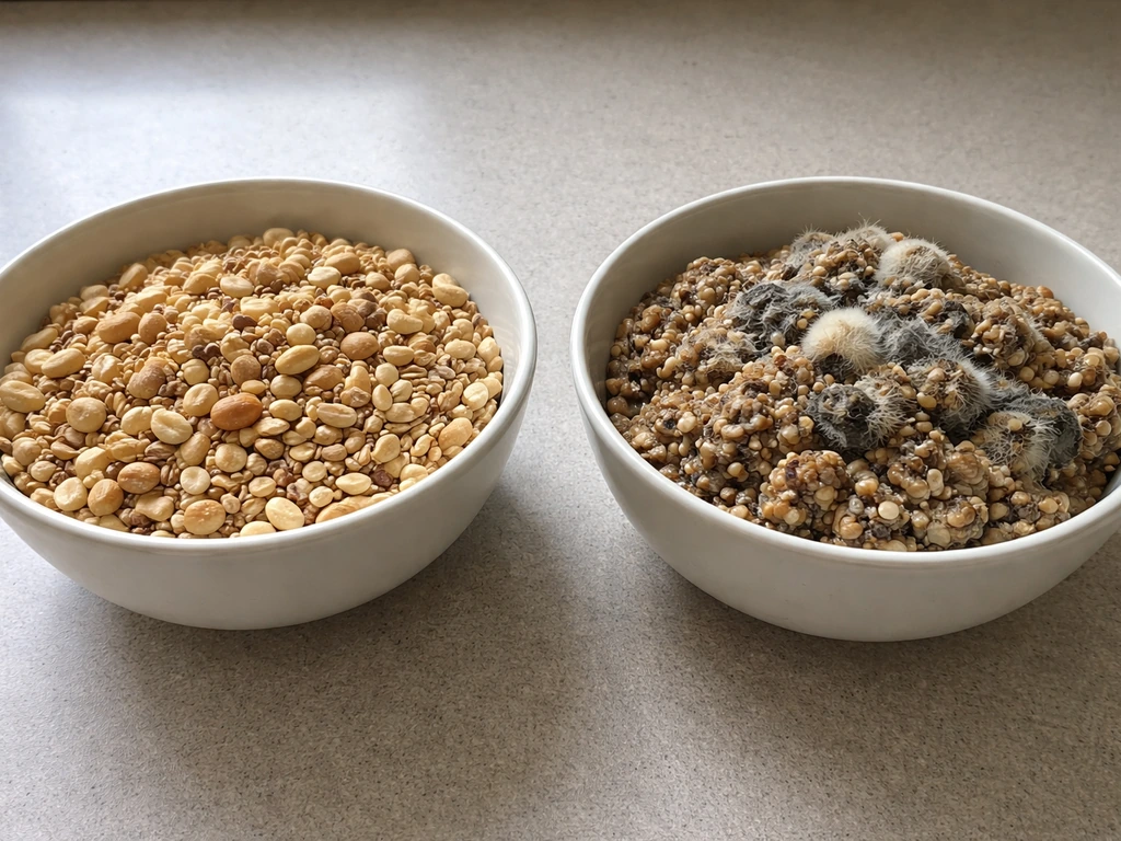 Split view of clean dry peanut seeds versus wet clumped moldy peanut seeds in two bowls.