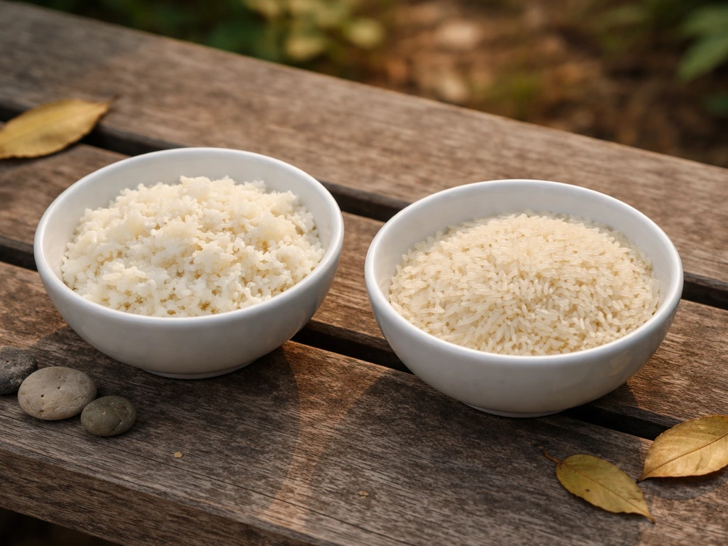 Small bowl of plain cooked rice beside a pile of dry uncooked rice grains outdoors.