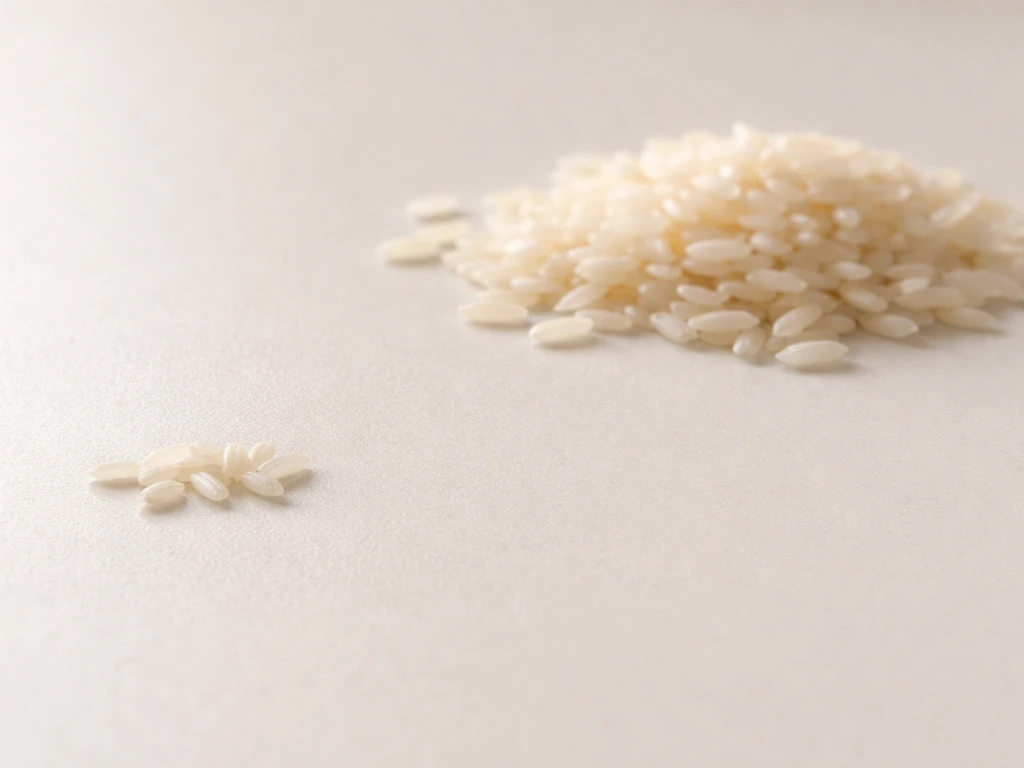 Close-up of uncooked rice grains showing two separate clusters to suggest choking vs digestive upset risk.