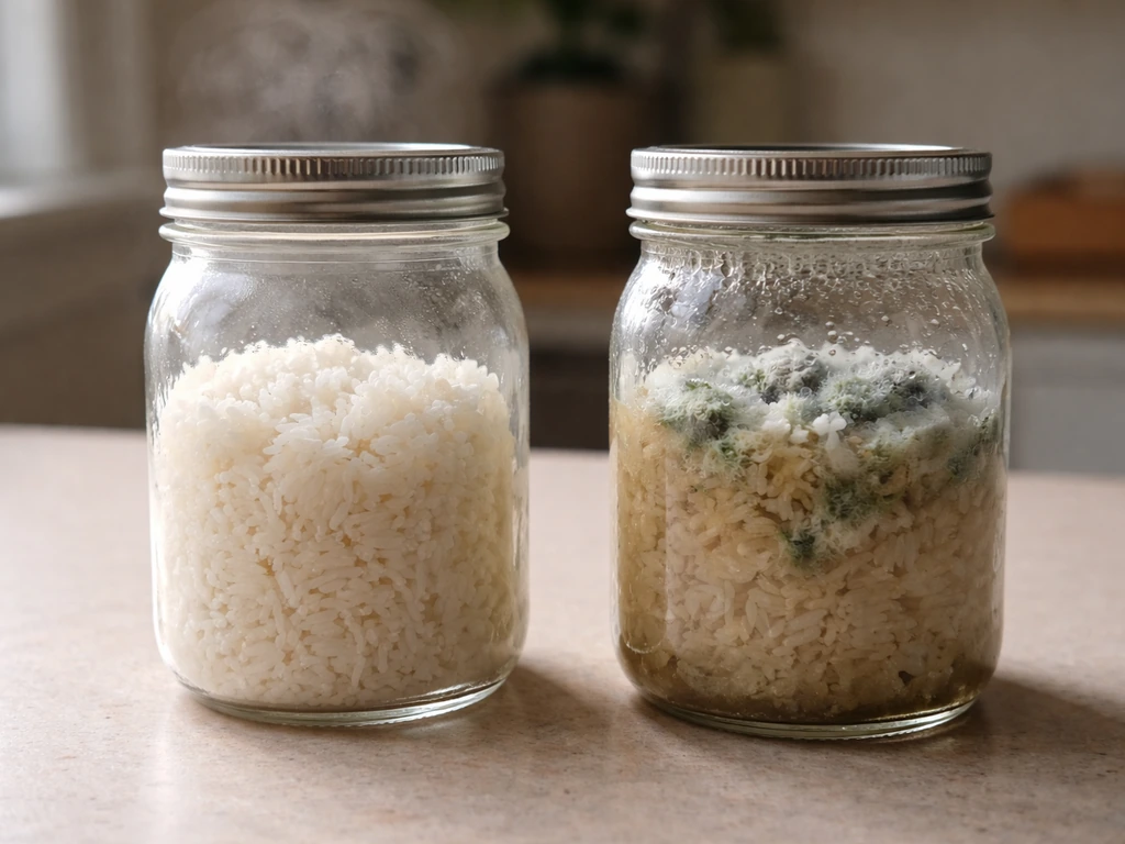 Two jars of cooked rice on a kitchen counter—one fresh, one visibly moldy and spoiled.