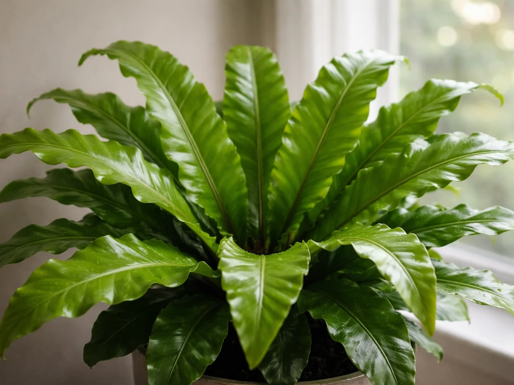 Close-up of an indoor bird nest fern rosette with fresh green fronds, softly lit and realistic