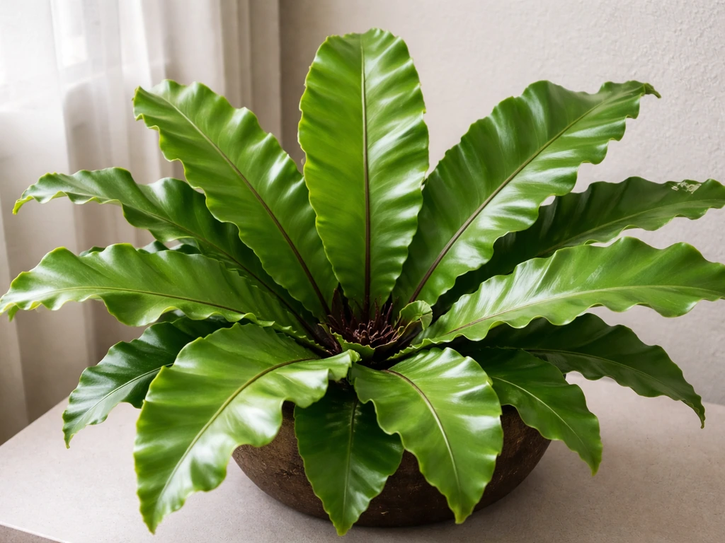Bird nest fern (Asplenium nidus) fronds in a bright home interior near a window.