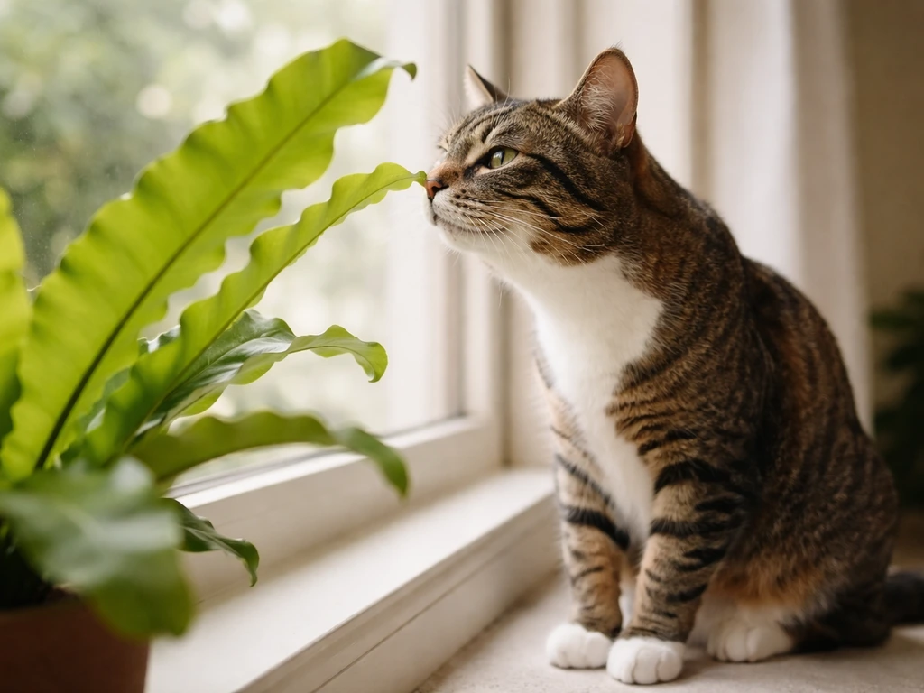 A domestic cat sniffing bird nest fern fronds from a safe distance on a sunny windowsill.