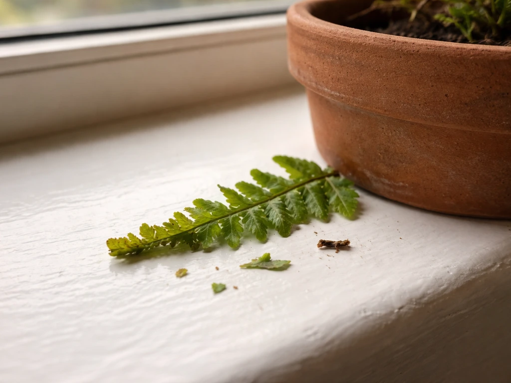 Chewed fern frond tip with torn pieces near a small terracotta pot on a sunny windowsill.