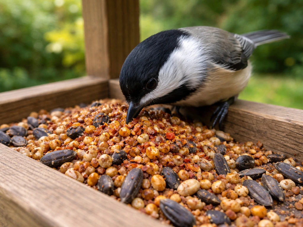 Close-up of small wild birds eating chili-pepper coated seed at a simple backyard feeder