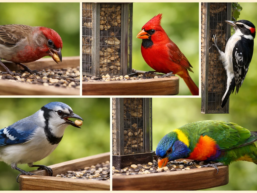 Five distinct birds—finch, cardinal, woodpecker, jay, and parrot—eating seed at a feeder in separate panels.