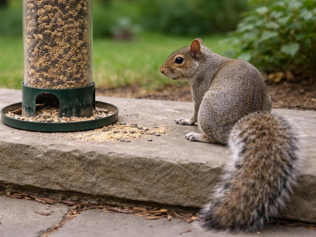 A grey squirrel hesitates and turns away from a peppery seed feeder area, signaling deterrence.