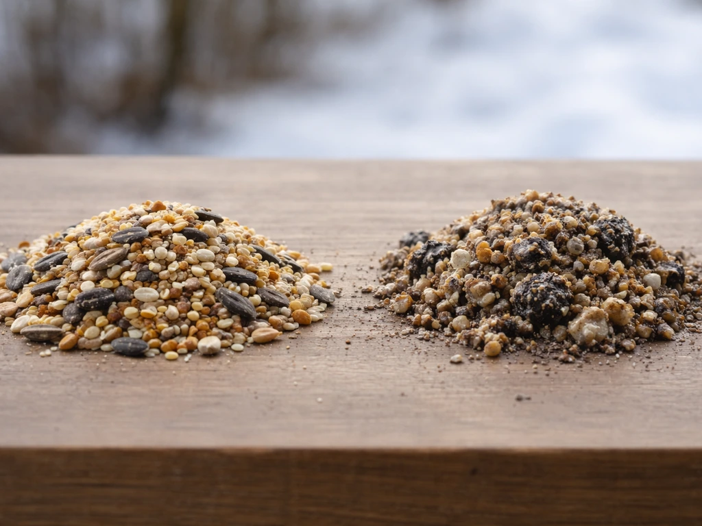 Two piles of winter birdseed: dry loose seeds beside damp clumped, moldy-looking seed.