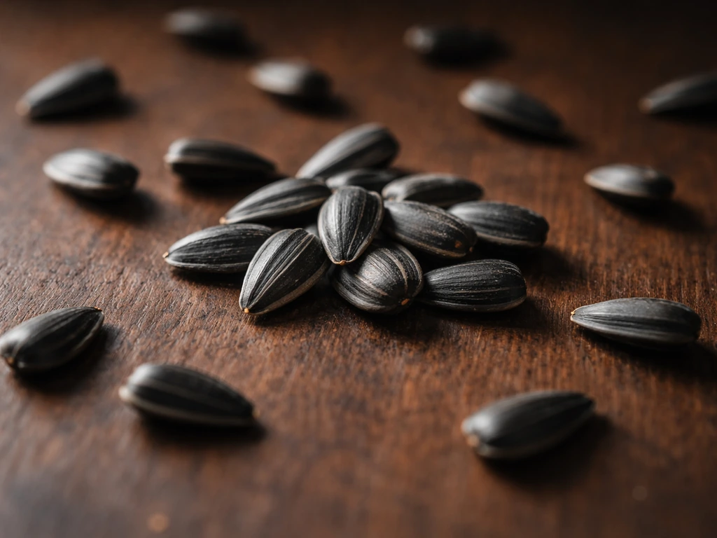 Close-up of black oil sunflower seeds with a few intact kernels, showing dryness and texture