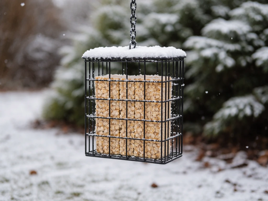 Suet cakes in a metal suet cage with light snow in a quiet winter yard