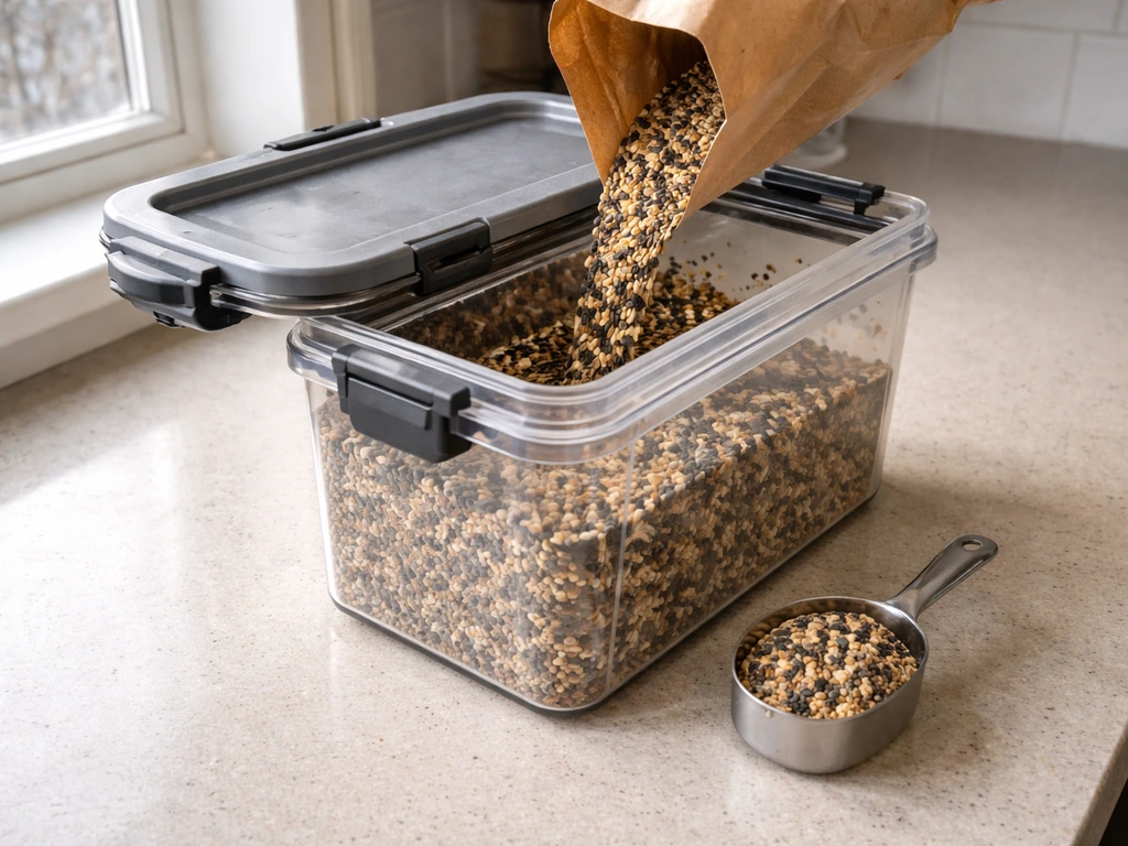 A hard-sided airtight container filled with bird seed on a clean counter, lid about to close.