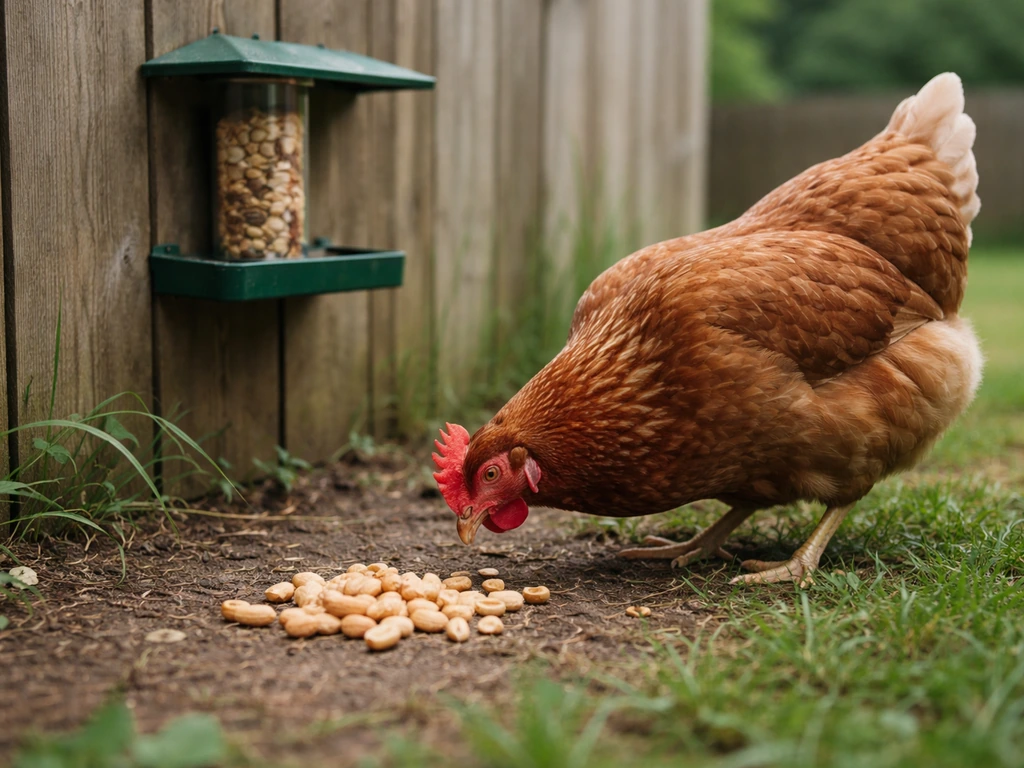 Brown chicken pecking near a simple backyard bird feeder with a few plain peanuts on the ground