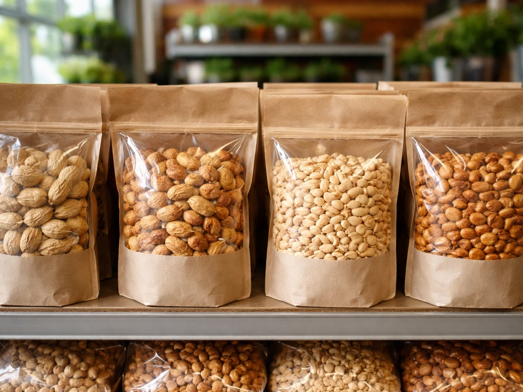 Garden center shelves with small bags of in-shell and shelled wild bird peanuts in raw and roasted options