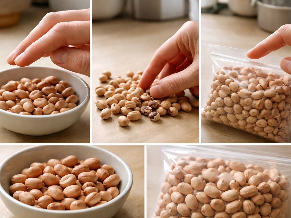 Hand inspecting a small bowl of peanuts, checking smell and looking for dark spots or white mold.