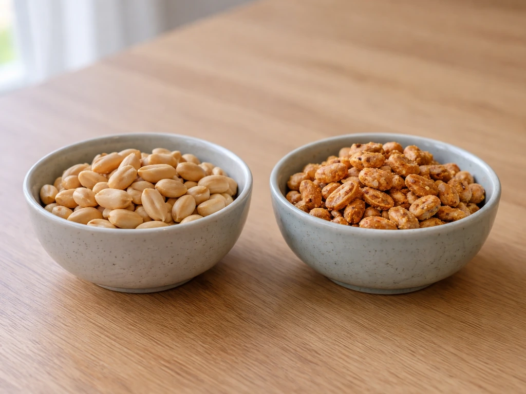 Two bowls of peanuts: one plain and one with salted, flavored bird-feed seasoning