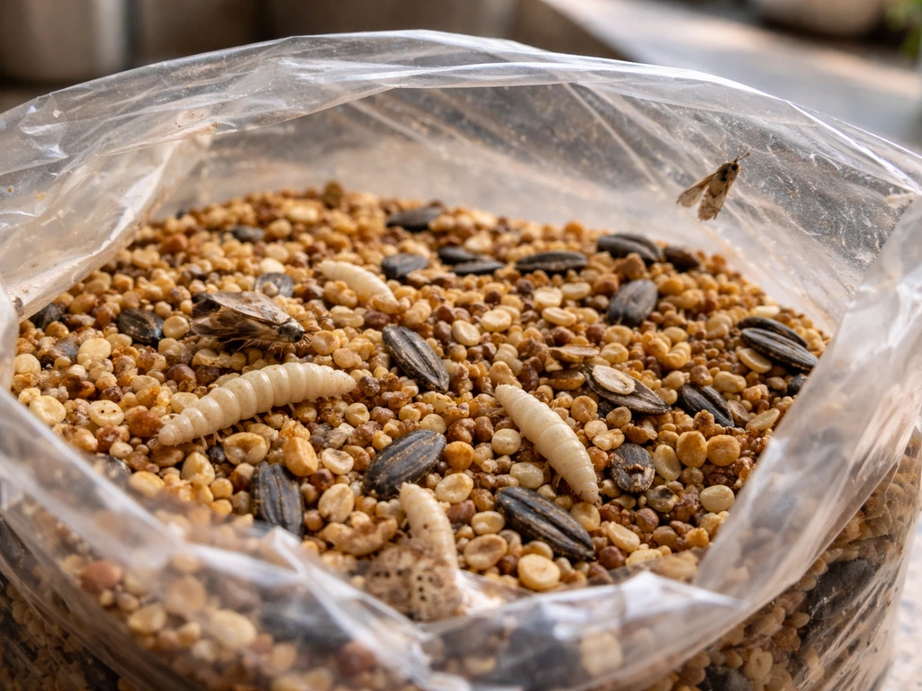 Close-up of bird seed with visible moth larvae and a couple of small adult moths emerging.