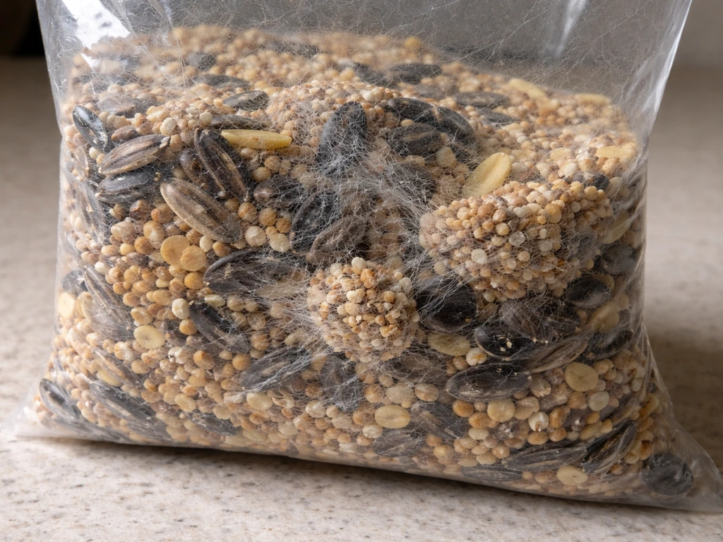 Close-up of bird seed in a clear bag with fine webbing and clumped seed clusters.