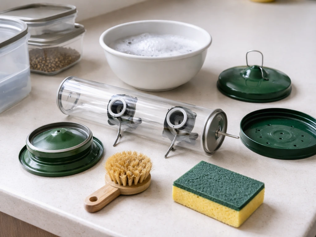 Empty bird feeder parts on a countertop with scrub brush and soapy water ready to clean.