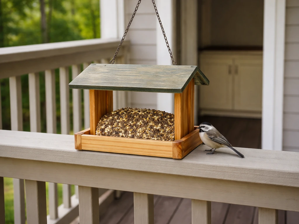 Bird feeder hanging outdoors with stored-food area kept closed and away for safe feeding and handling.