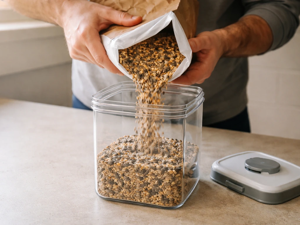 Person transferring bird seed from a thin bag into a hard-sided airtight container with a secure lid