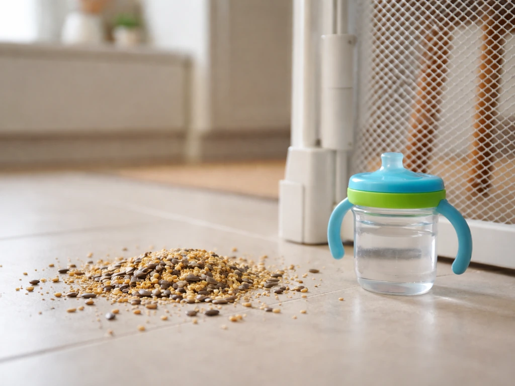 Bird seed spilled on a kitchen floor beside a child-safe water cup and a small child-proof barrier