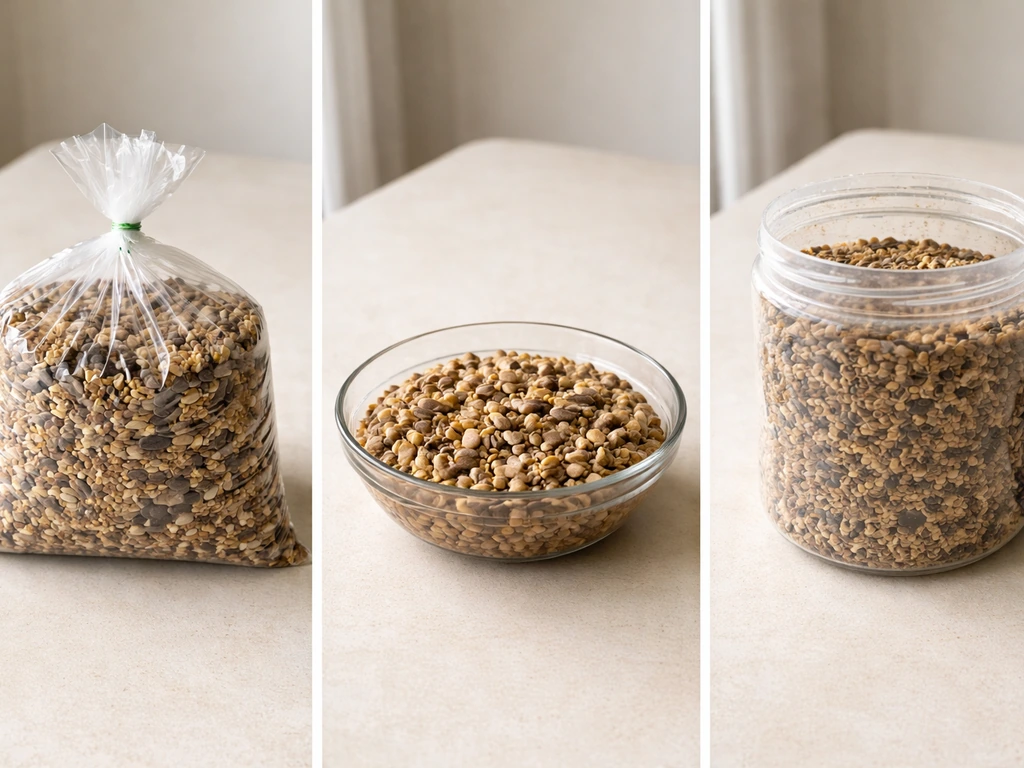 Three close-ups of bird seed: sealed dry bag, old damp seed, and bulk hand-me-down container side by side.
