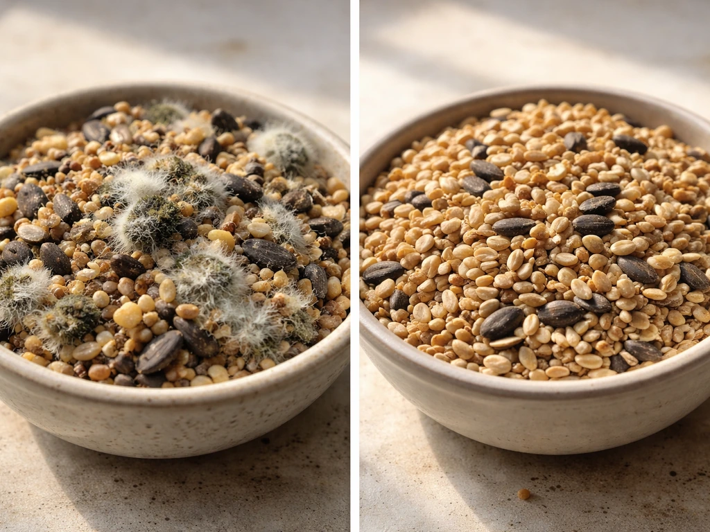 Two bowls of bird seed: damp clumping moldy seed on one side, clean dry seed on the other.