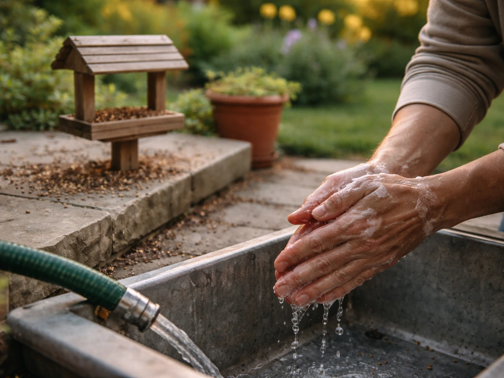 Adult washing hands near a backyard bird feeder with scattered seed and droppings on the ground.