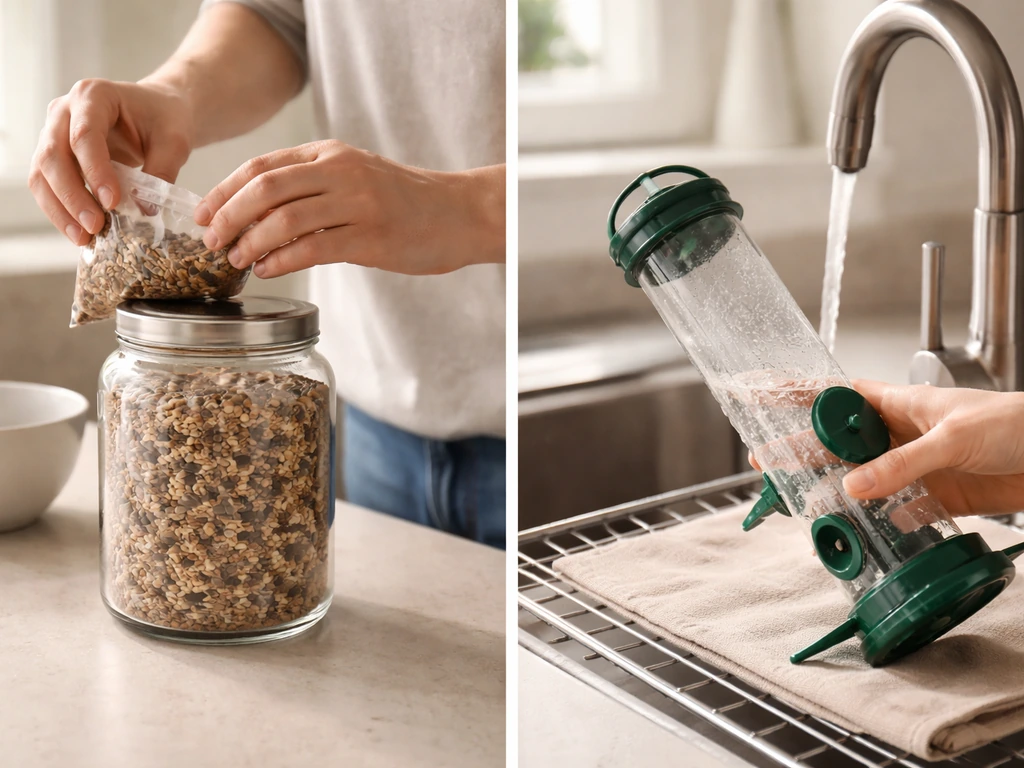 Hands store bird seed in an airtight container while a clean feeder is rinsed to dry.