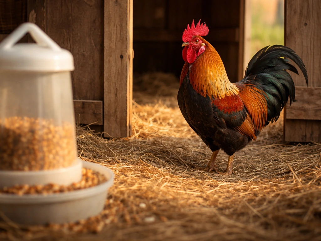 Rooster in a backyard coop with a bird seed container in the foreground, seeds spilled nearby.