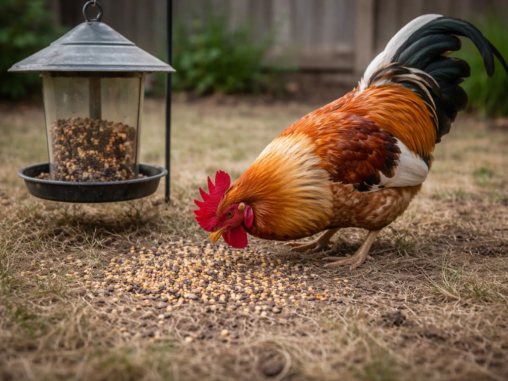 A rooster pecks at spilled bird seed on the ground near a backyard feeder