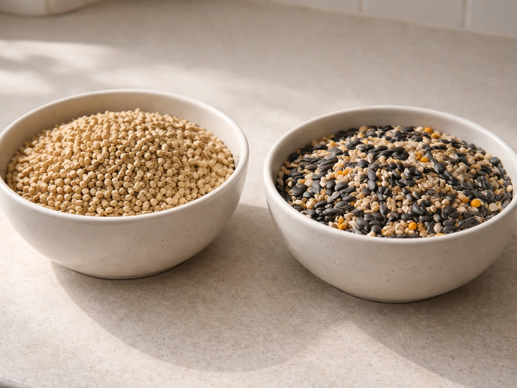 Two bowls side by side: poultry feed pellets/crumbles vs mixed bird seed on a simple countertop.