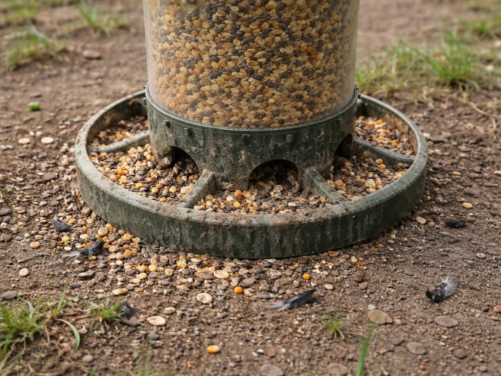 Dirty outdoor poultry feeder with droppings and scattered seed suggesting wild-bird contact and contamination risk.