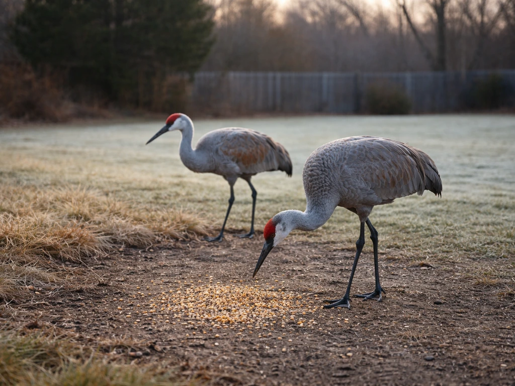 Two sandhill cranes in an open backyard near spilled bird seed during migration season.