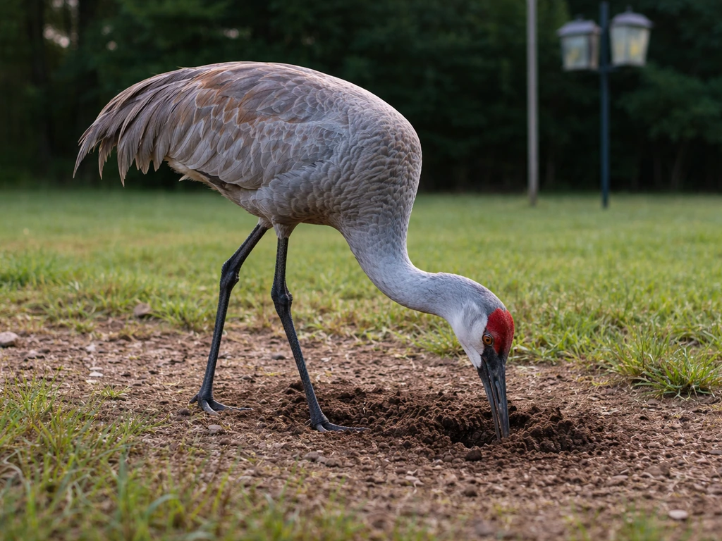 Sandhill crane probing soil in a quiet yard near a feeder station, ground-level foraging moment.