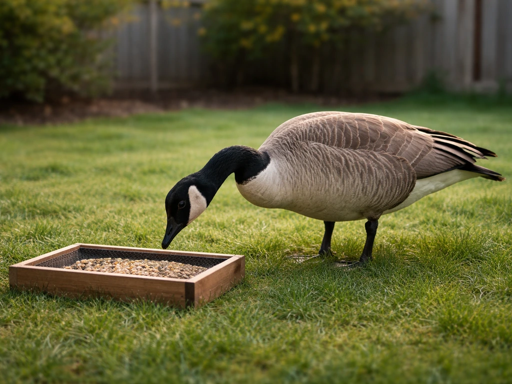 Canada goose grazing on grass beside a ground-level backyard feeder.