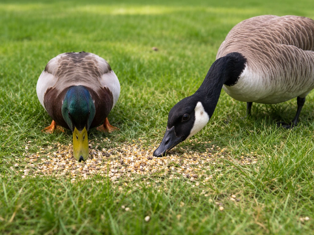 A duck and a goose feeding side-by-side from ground-level bird seed in a grassy yard.